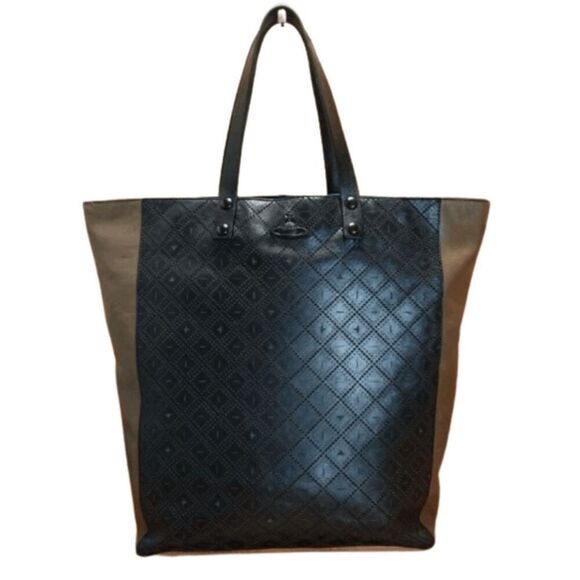 EUC Vivienne Westwood Leather Tote Bag – Black & Olive Green Orb Embossed Design - Picture 1 of 6